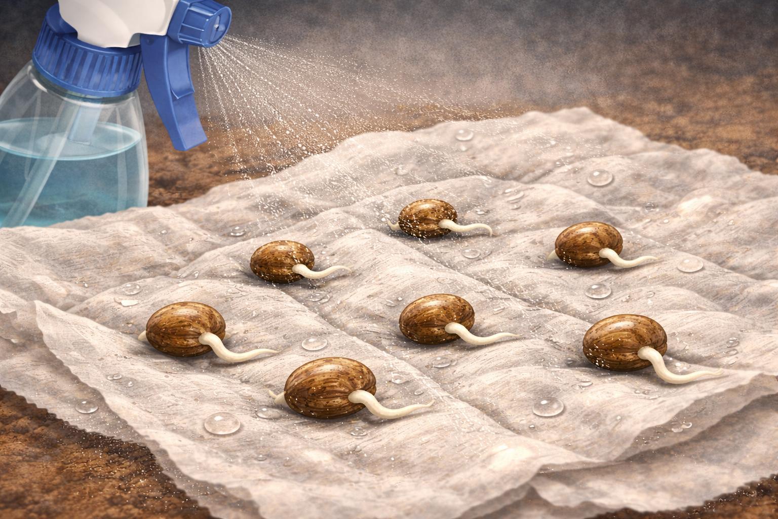 Illustration der klassischen Methode zum Keimen von Cannabis Samen auf feuchtem Papier,  bei der die Keimwurzel sichtbar austritt und die Samen gleichmäßig feucht gehalten werden.