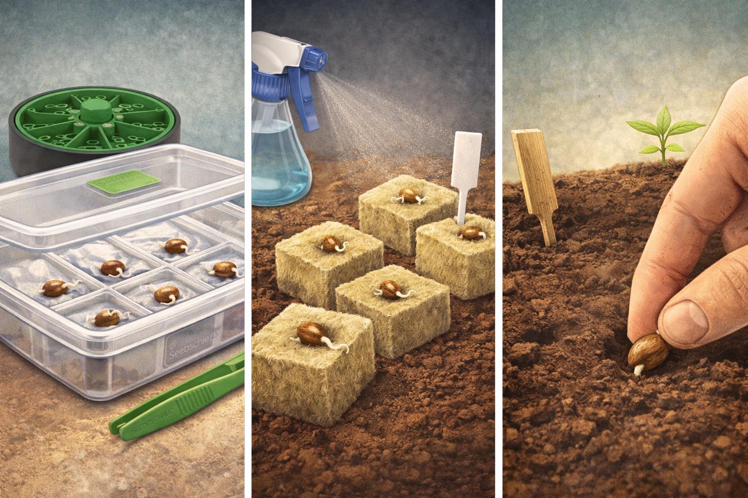 Cannabis Samen keimen lassen mit Keimschale, Steinwolle und Erde im Vergleich