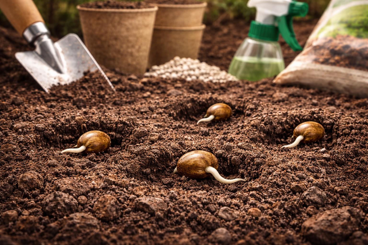 Illustration der direkten Keimung von Hanfsamen in Erde,  bei der die Samen vorsichtig eingesetzt werden und die Keimwurzel bereits sichtbar ist.