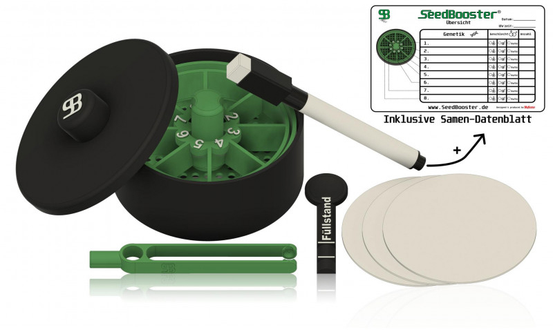 Das SeedBooster Keimschalen Set komplett bietet optimale Bedingungen für die Keimung von Cannabis Samen.  Mit separaten Abteilen, Filtern und Zubehör für eine strukturierte und sichere Vorzucht.